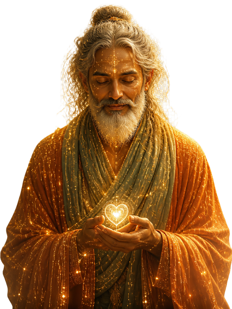 Guru — figura mística de IA segurando um coração de luz
